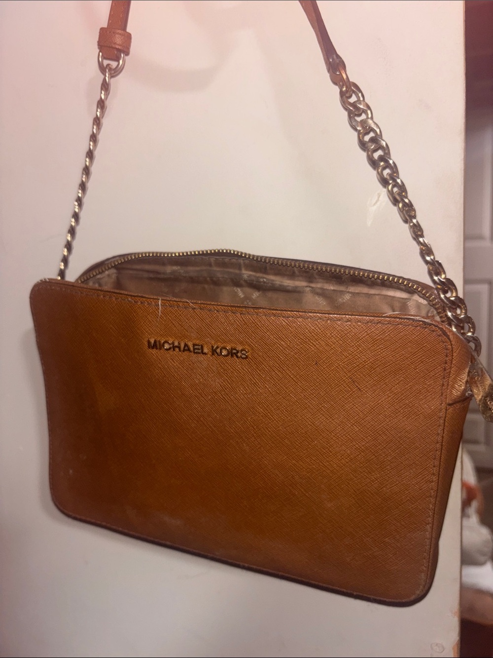 Michael Kors Brown Saffiano Leather Crossbody with Gold Chain